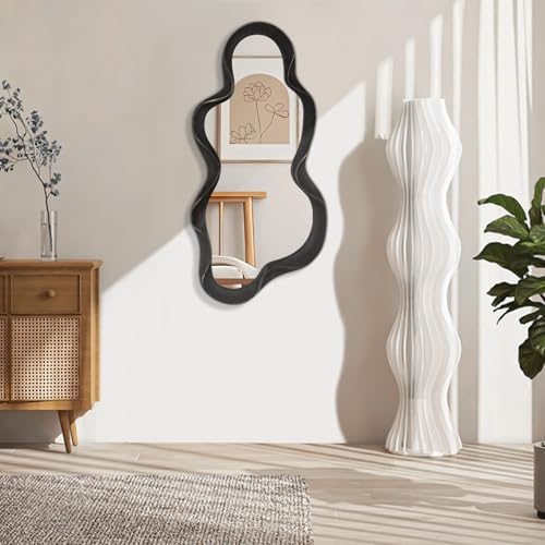 Lzuso 30x14 Inch Asymmetrical Cloud Wall Mirror with Wood Frame