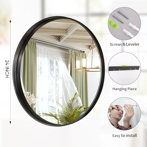 Suidia 24 Inch Black Metal Frame Round Wall Mirror