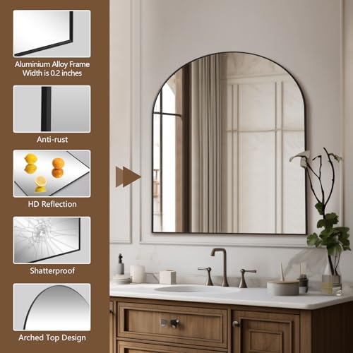 Mirrorons 33x31 Inch Arched Wall Mirror Shatterproof Black Modern Frame