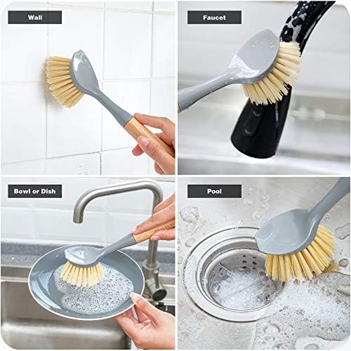 VRUPINZE 4-Piece Bamboo Dish Brush Set with Ceramic Soap Dispenser