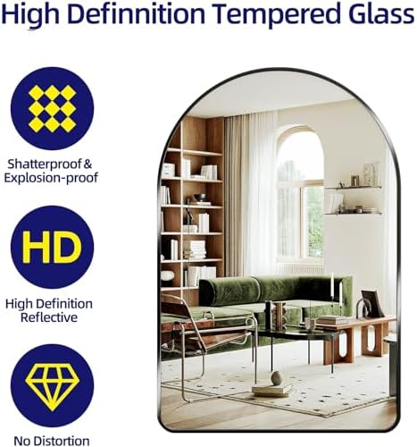 FOYEESION 24x36 Arched Black Wall Mirror with Metal Frame