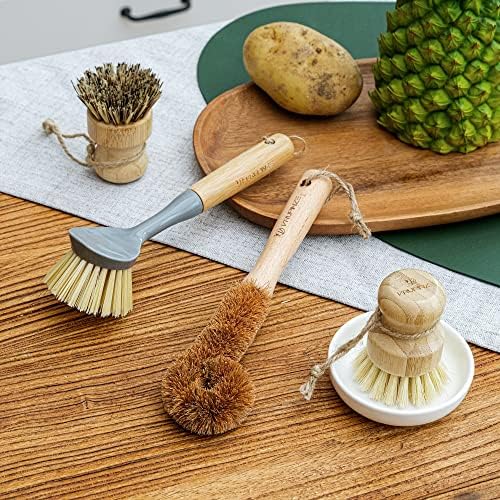 VRUPINZE 4-Piece Bamboo Dish Brush Set with Ceramic Soap Dispenser